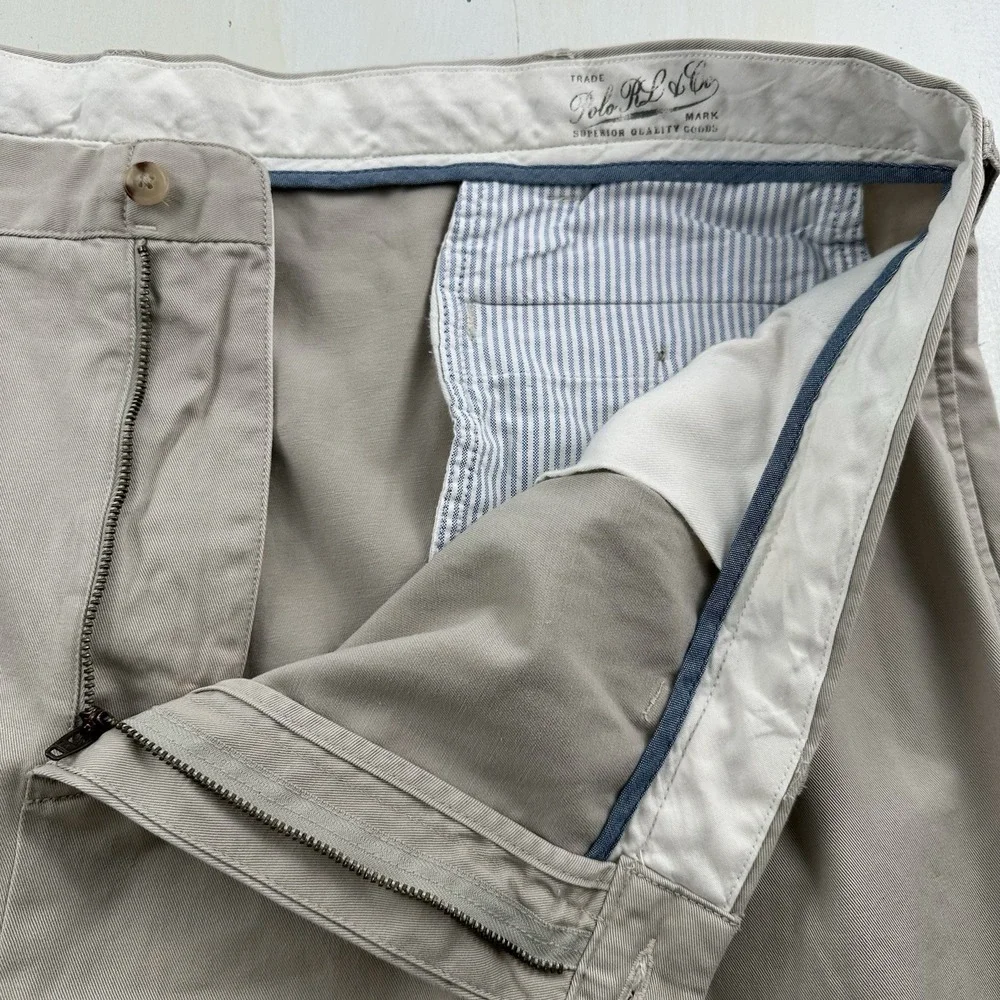 Polo Ralph Lauren Andrew Pleated Chino Pants Mens 49x30 Tan Oatmeal Cotton Big